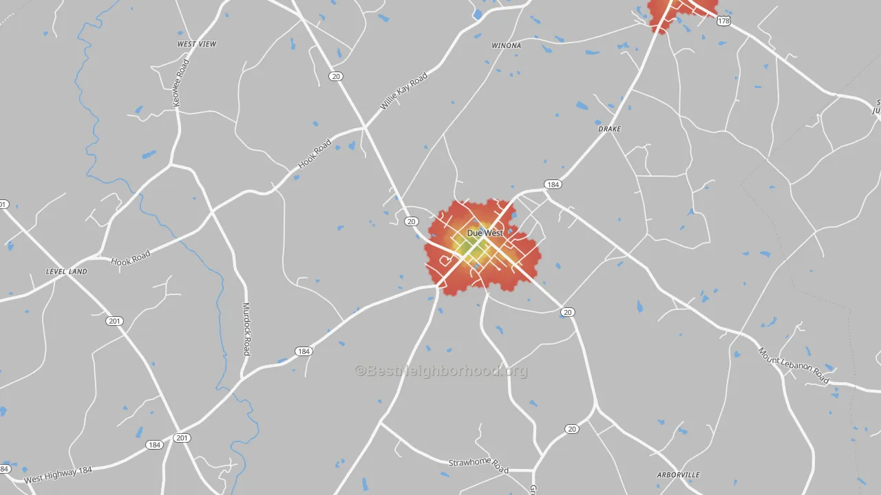 Walk Grade map of Due West, SC, walkable areas in green and car-dependent areas in red