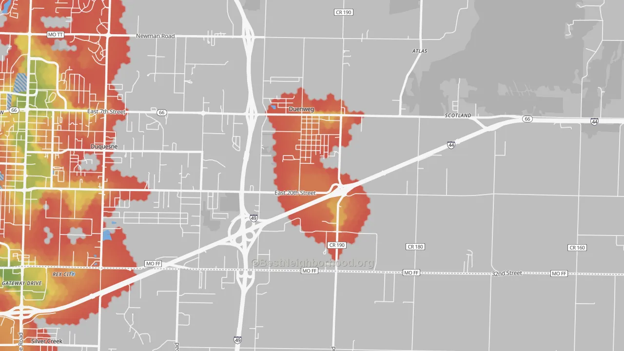 Walk Grade map of Duenweg, MO, walkable areas in green and car-dependent areas in red