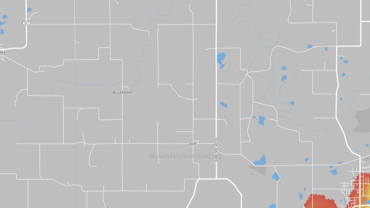 Walk Grade map of Duff, IN, walkable areas in green and car-dependent areas in red