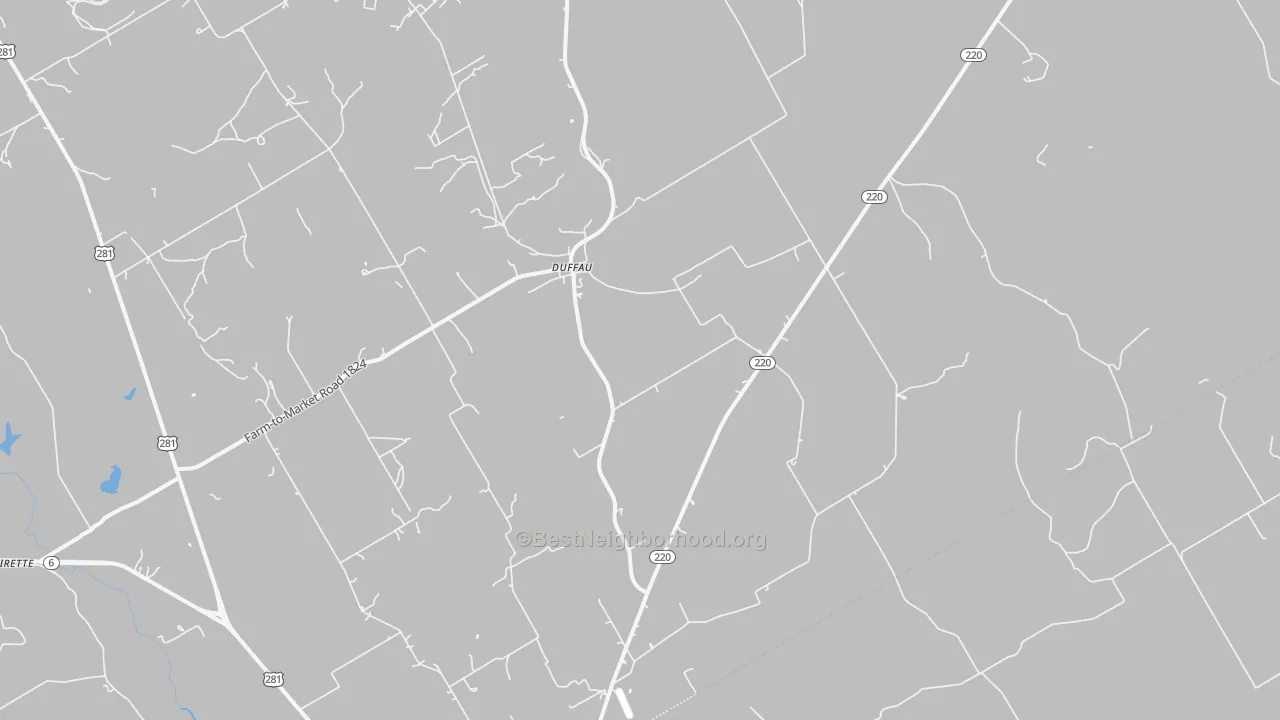 Walk Grade map of Duffau, TX, walkable areas in green and car-dependent areas in red