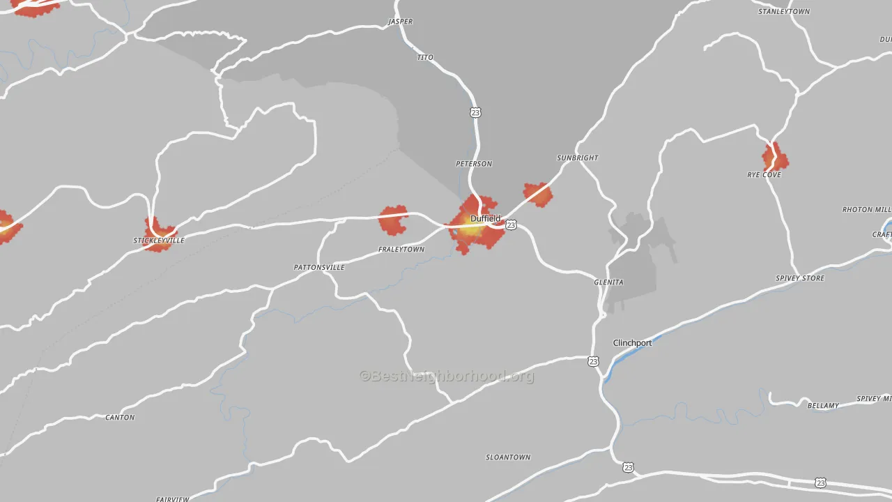 Walk Grade map of Duffield, VA, walkable areas in green and car-dependent areas in red