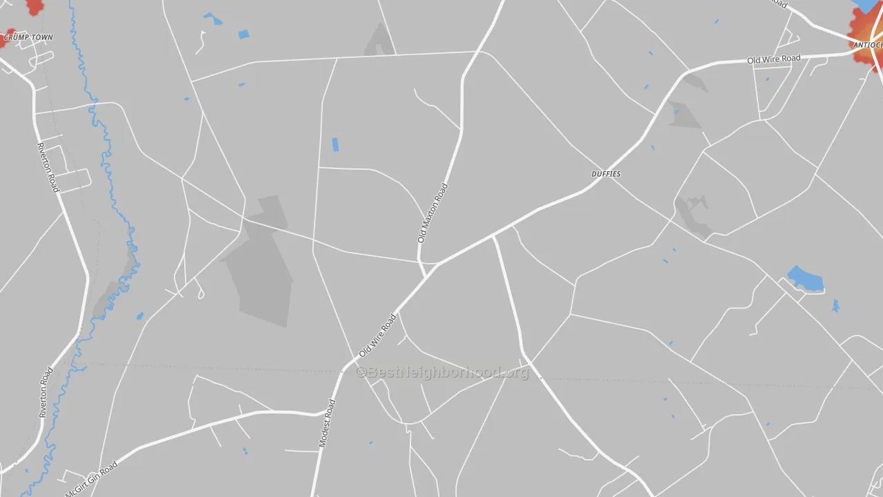 Walk Grade map of Duffies, NC, walkable areas in green and car-dependent areas in red