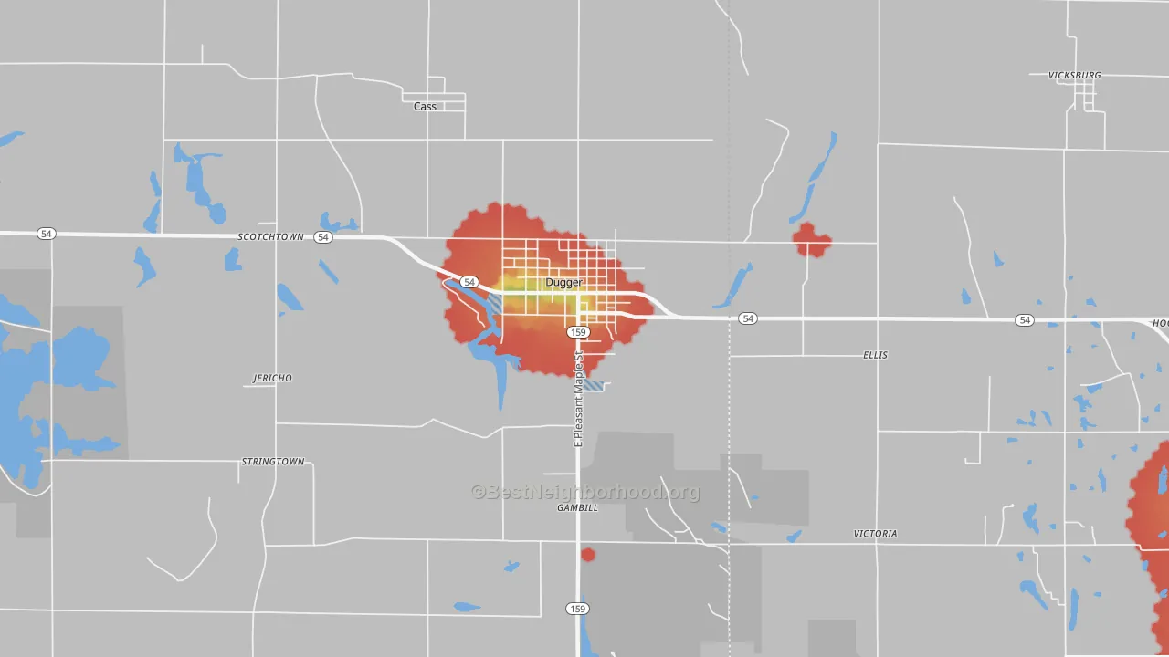 Walk Grade map of Dugger, IN, walkable areas in green and car-dependent areas in red