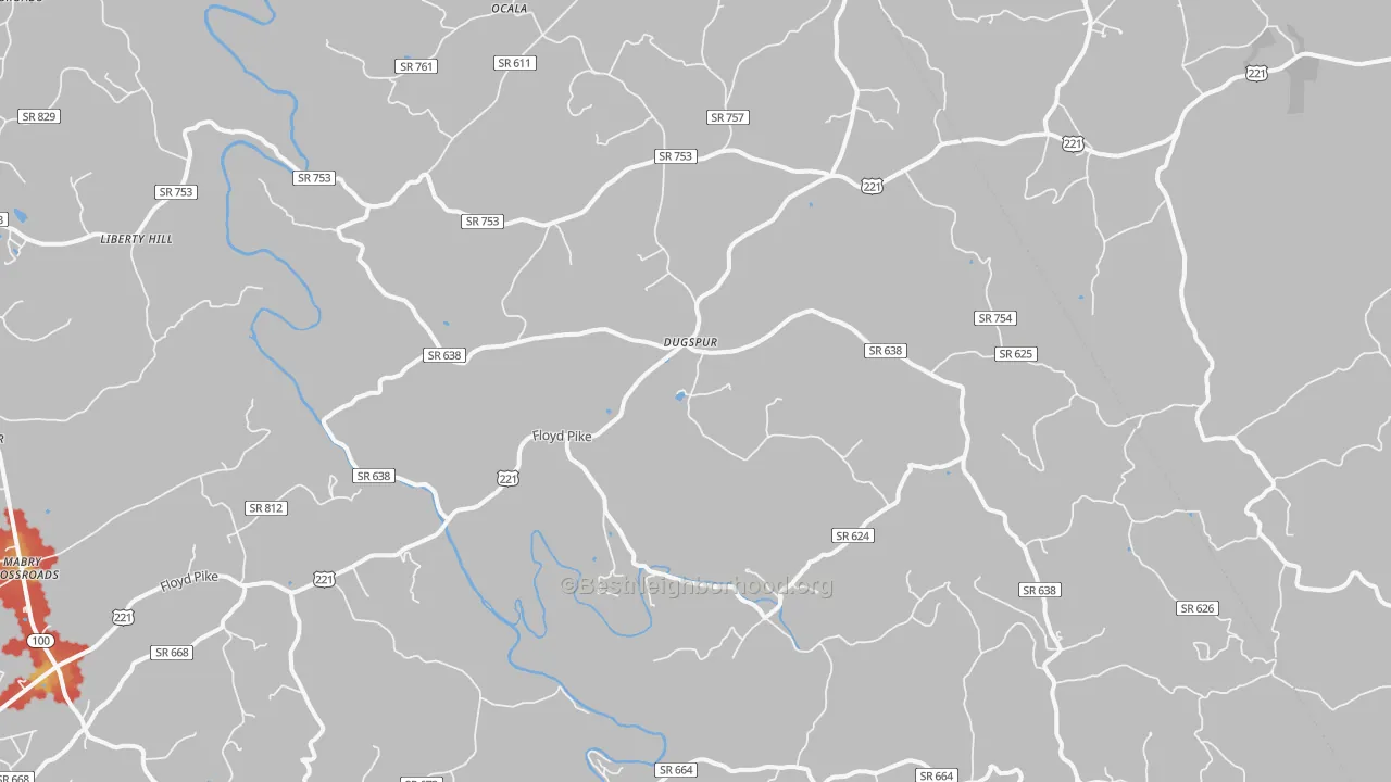 Walk Grade map of Dugspur, VA, walkable areas in green and car-dependent areas in red