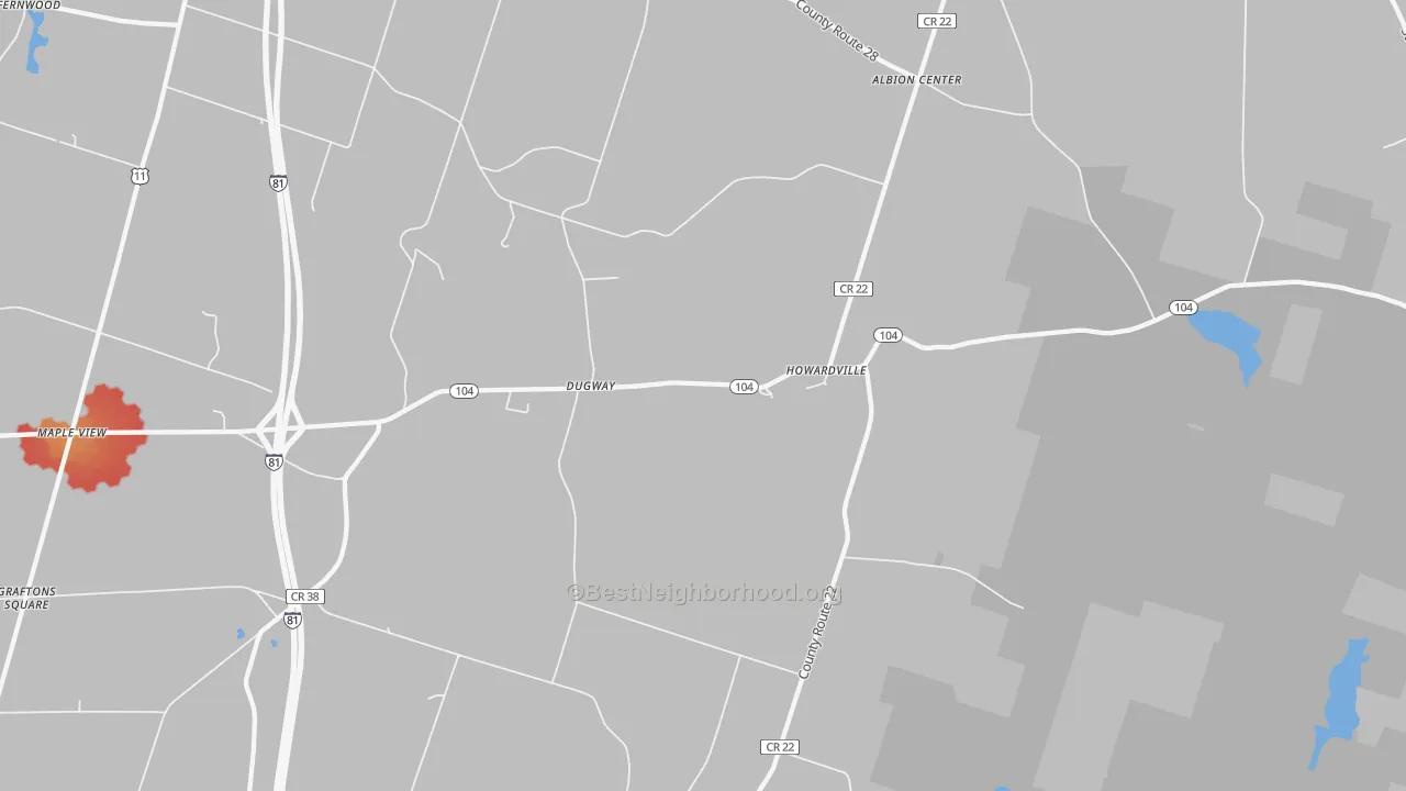 Walk Grade map of Dugway, NY, walkable areas in green and car-dependent areas in red