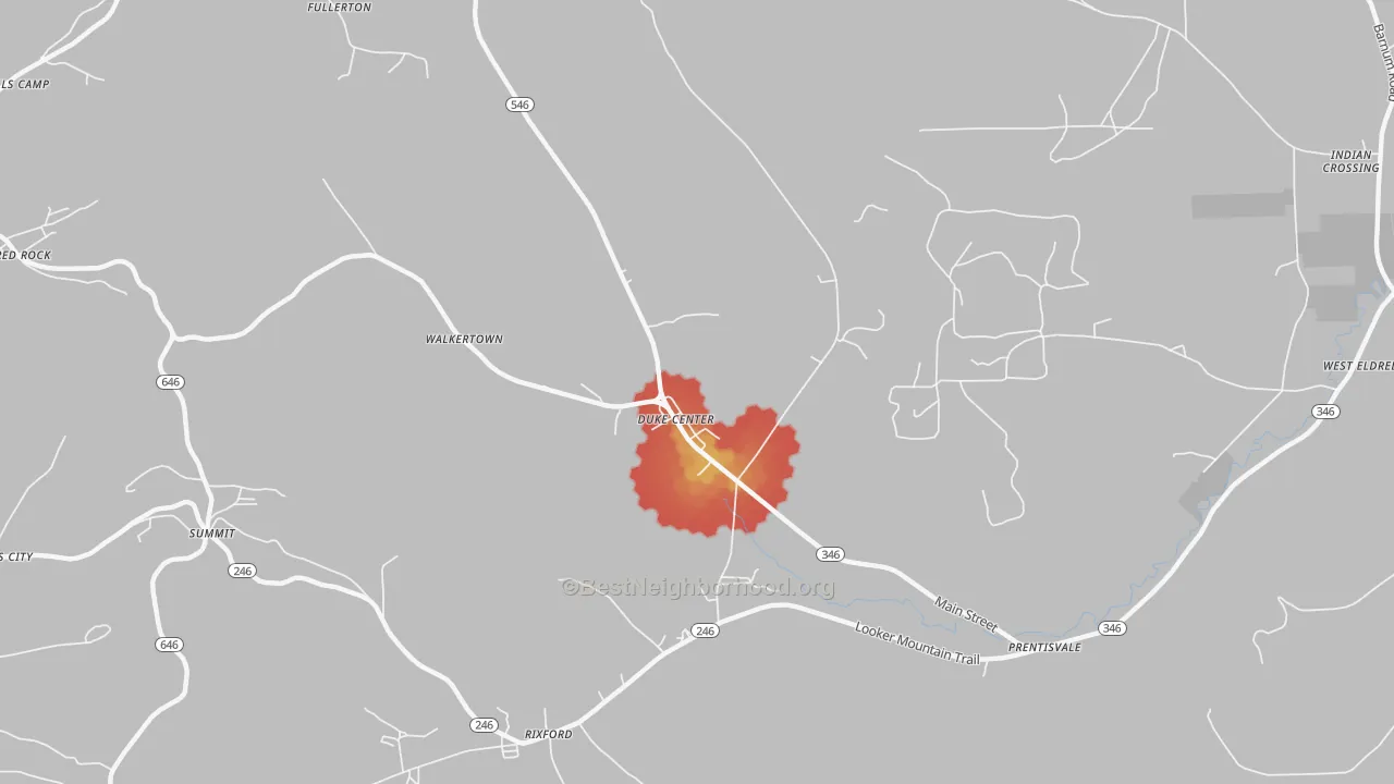 Walk Grade map of Duke Center, PA, walkable areas in green and car-dependent areas in red