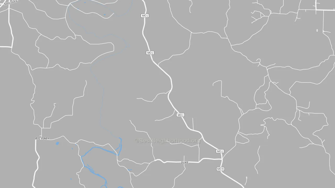 Walk Grade map of Duke, MO, walkable areas in green and car-dependent areas in red