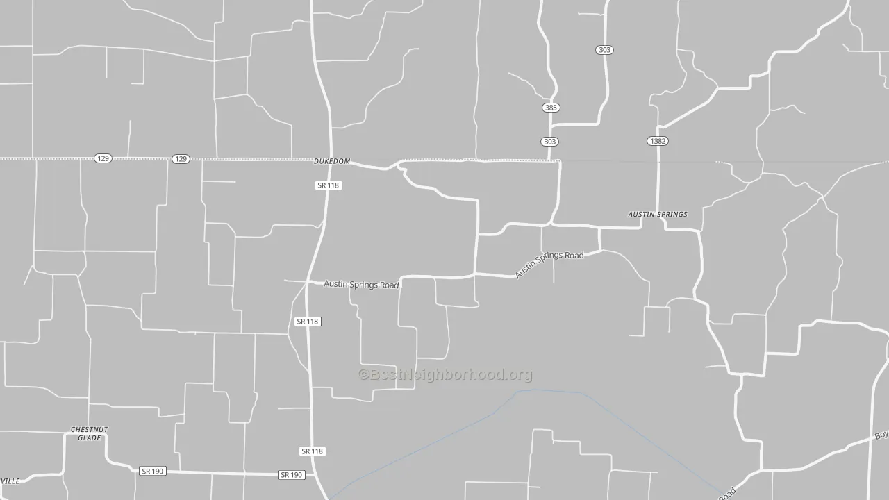 Walk Grade map of Dukedom, TN, walkable areas in green and car-dependent areas in red