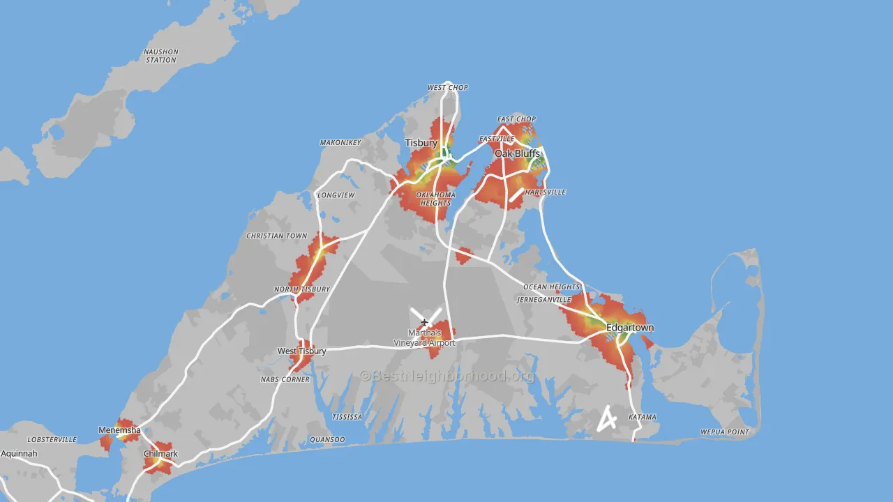 Walk Grade map of Dukes County, MA, walkable areas in green and car-dependent areas in red