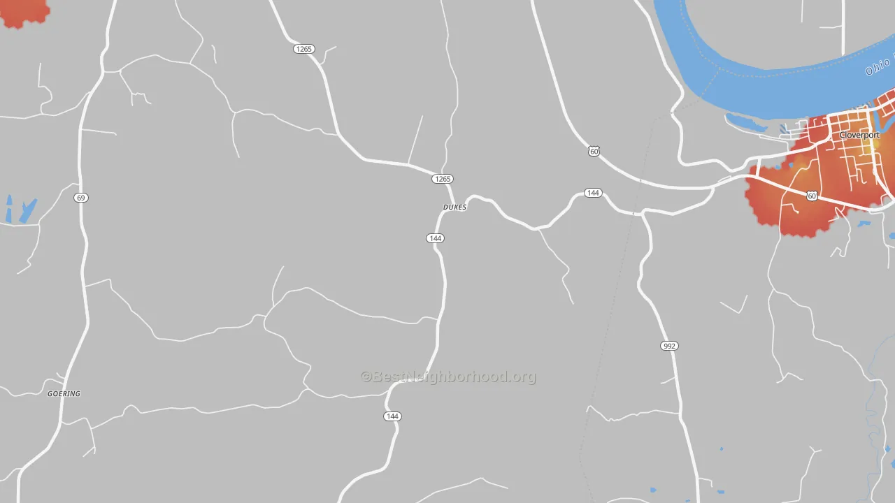 Walk Grade map of Dukes, KY, walkable areas in green and car-dependent areas in red