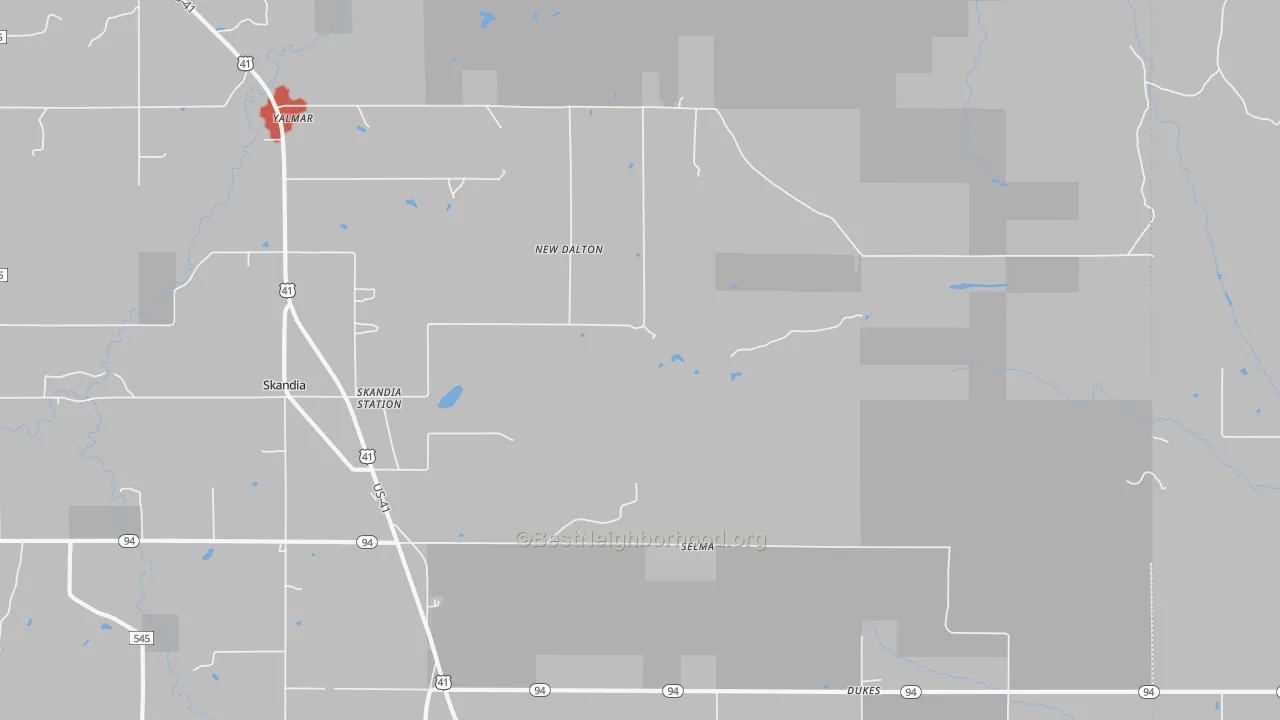 Walk Grade map of Dukes, MI, walkable areas in green and car-dependent areas in red