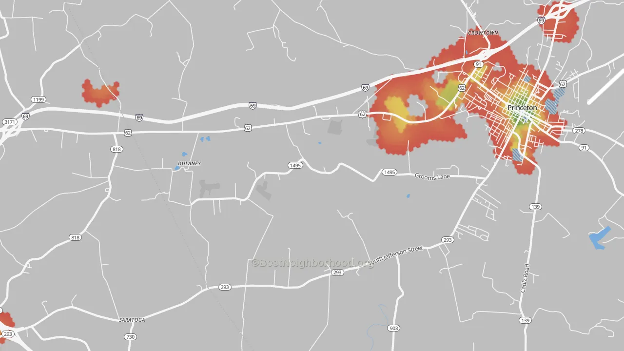 Walk Grade map of Dulaney, KY, walkable areas in green and car-dependent areas in red