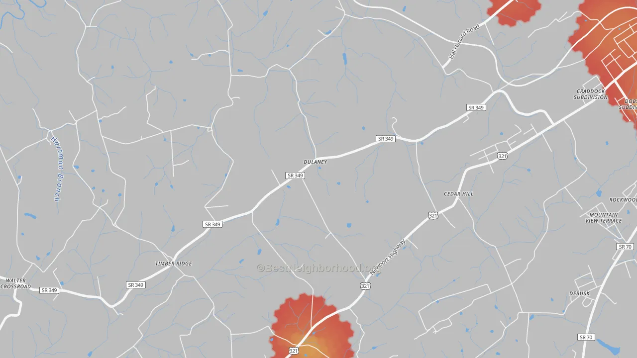 Walk Grade map of Dulaney, TN, walkable areas in green and car-dependent areas in red
