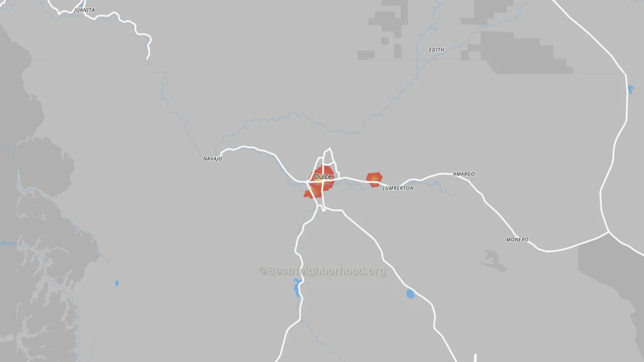 Walk Grade map of Dulce, NM, walkable areas in green and car-dependent areas in red