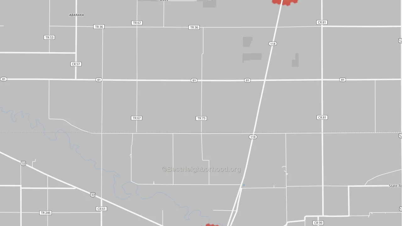 Walk Grade map of Dull, OH, walkable areas in green and car-dependent areas in red