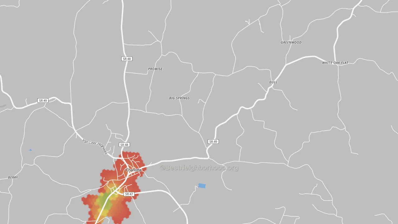 Walk Grade map of Dull, TN, walkable areas in green and car-dependent areas in red