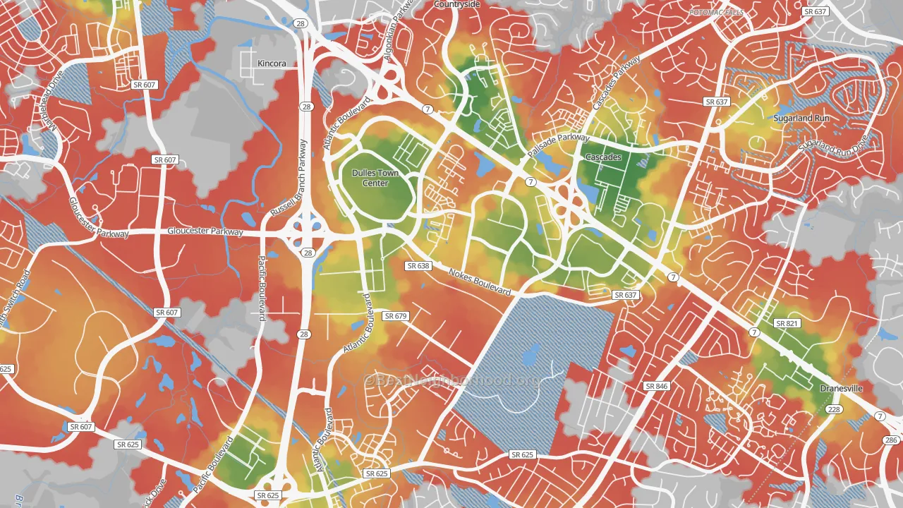 Walk Grade map of Dulles Town Center, VA, walkable areas in green and car-dependent areas in red