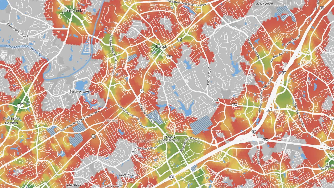 Walk Grade map of Duluth, GA, walkable areas in green and car-dependent areas in red