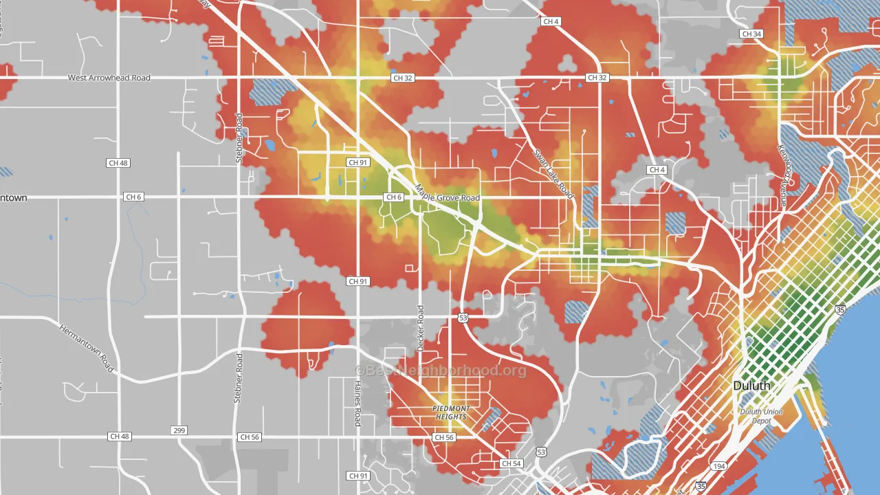 Walk Grade map of Duluth Heights, Duluth, MN, walkable areas in green and car-dependent areas in red