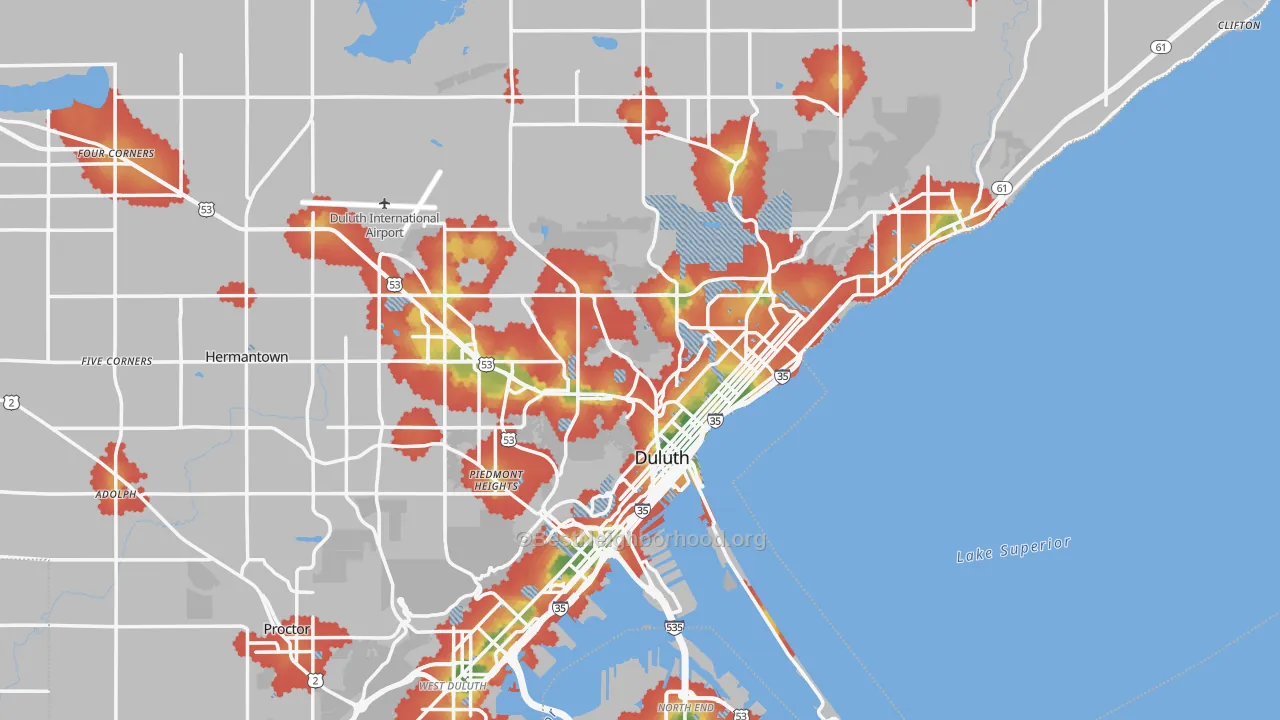Walk Grade map of Duluth, MN, walkable areas in green and car-dependent areas in red