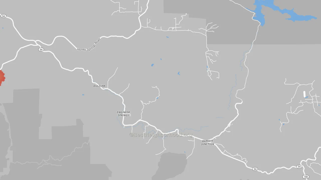 Walk Grade map of Dulzura, CA, walkable areas in green and car-dependent areas in red