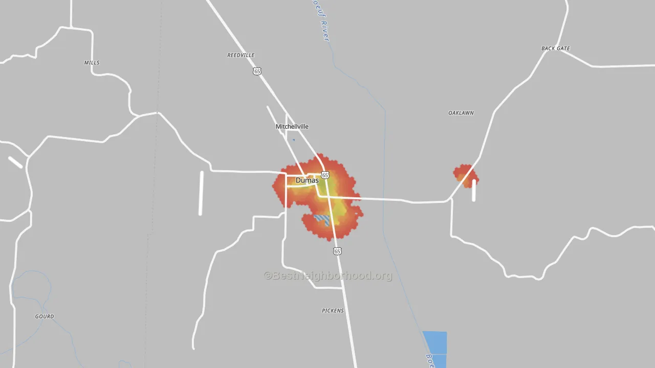 Walk Grade map of Dumas, AR, walkable areas in green and car-dependent areas in red