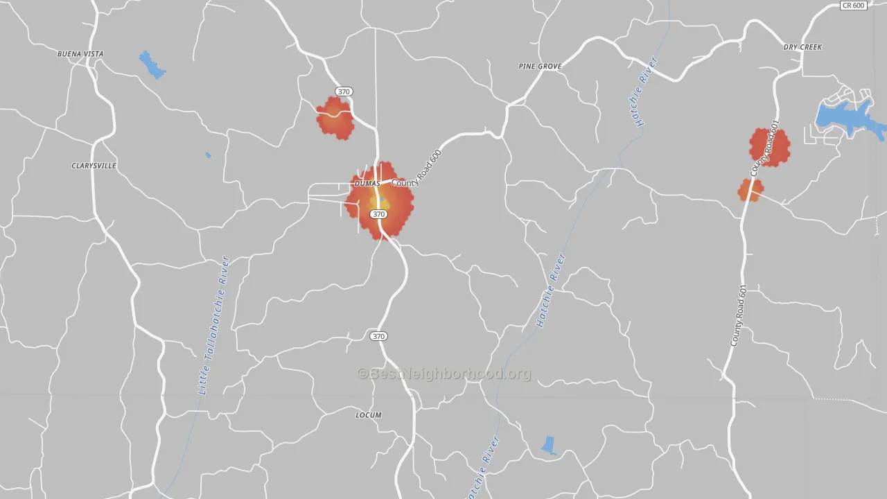 Walk Grade map of Dumas, MS, walkable areas in green and car-dependent areas in red