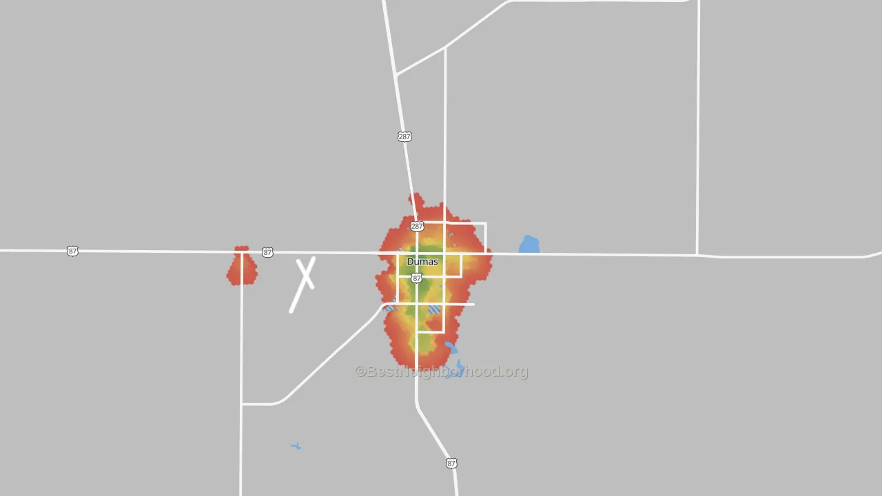 Walk Grade map of Dumas, TX, walkable areas in green and car-dependent areas in red