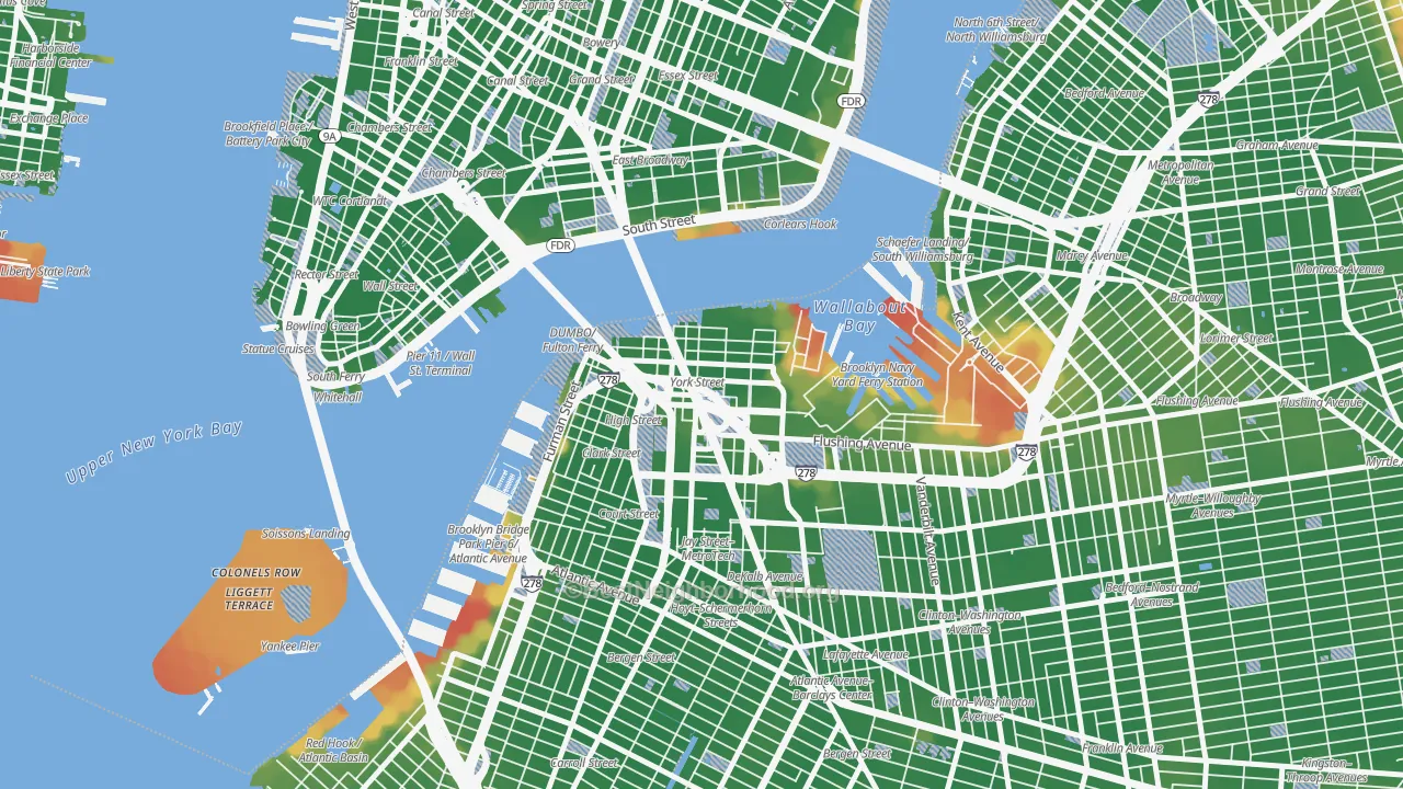 Walk Grade map of Dumbo, Brooklyn, NY, walkable areas in green and car-dependent areas in red