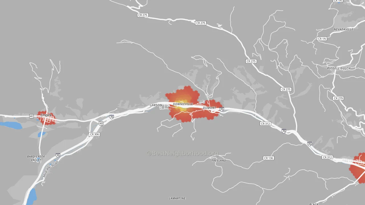 Walk Grade map of Dumont, CO, walkable areas in green and car-dependent areas in red