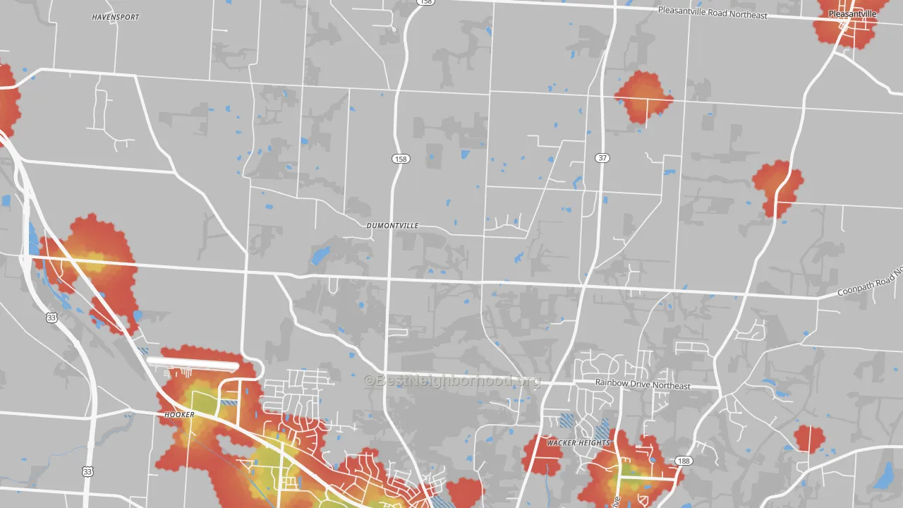 Walk Grade map of Dumontville, OH, walkable areas in green and car-dependent areas in red