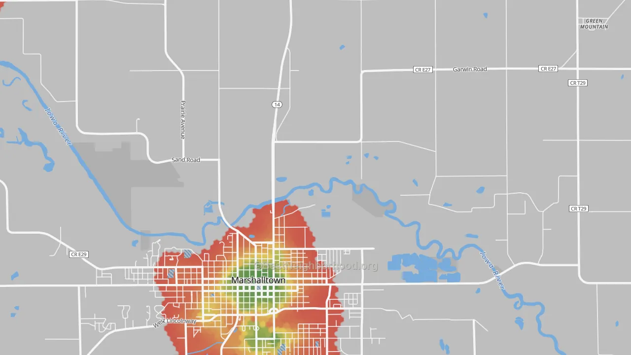 Walk Grade map of Dunbar, IA, walkable areas in green and car-dependent areas in red
