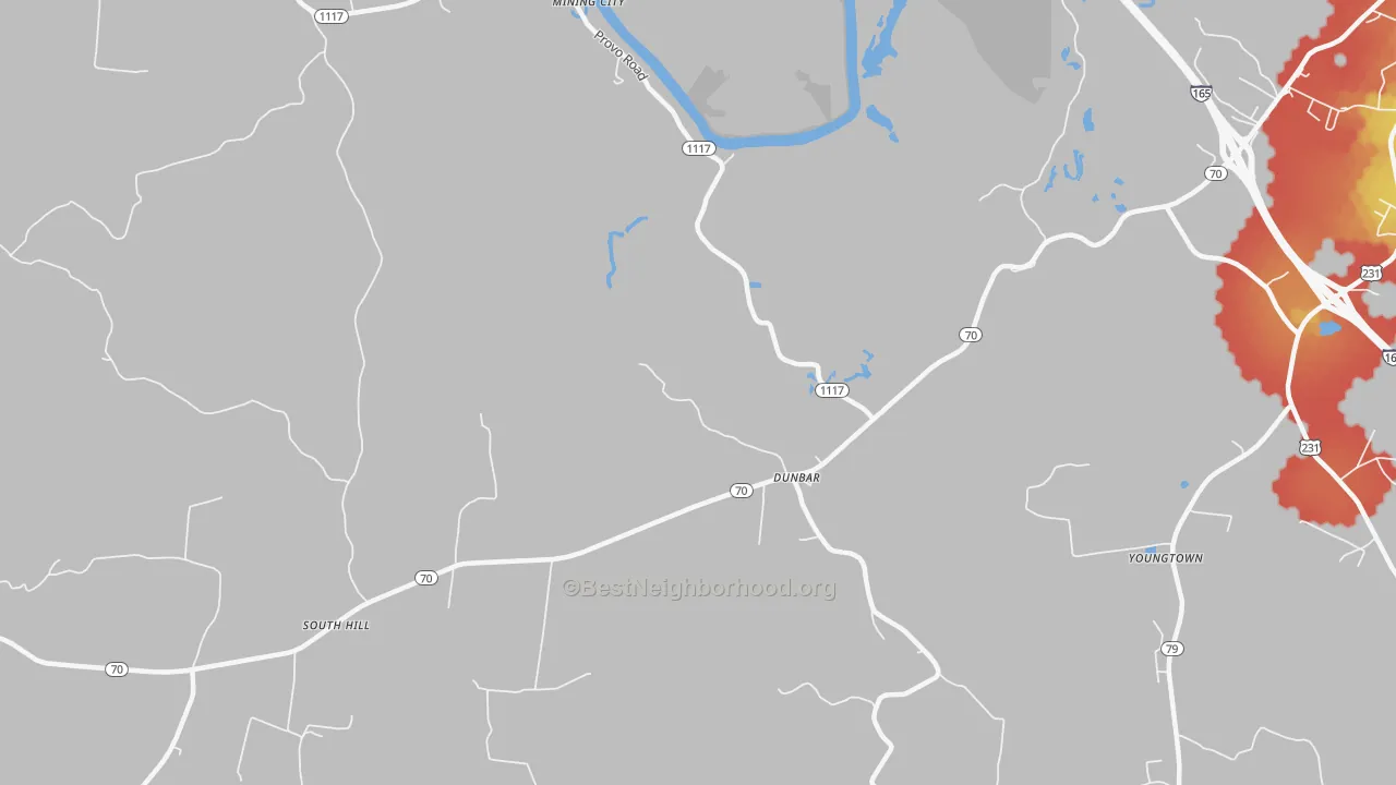 Walk Grade map of Dunbar, KY, walkable areas in green and car-dependent areas in red