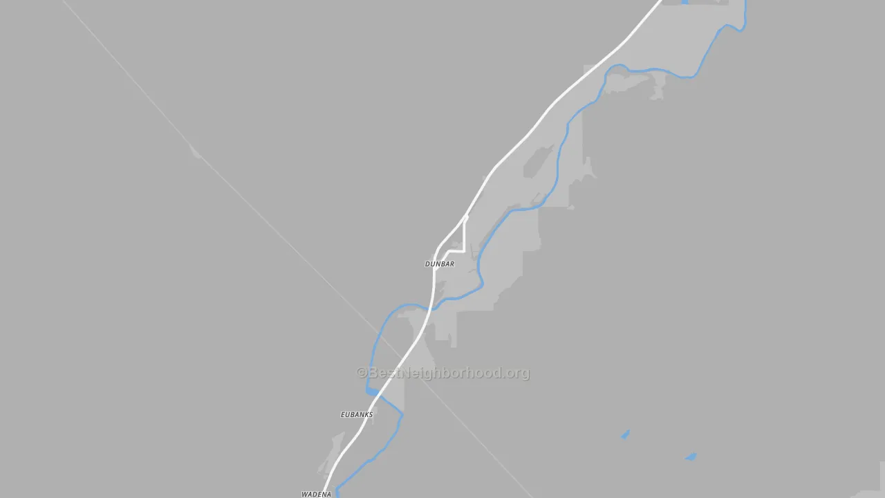 Walk Grade map of Dunbar, OK, walkable areas in green and car-dependent areas in red