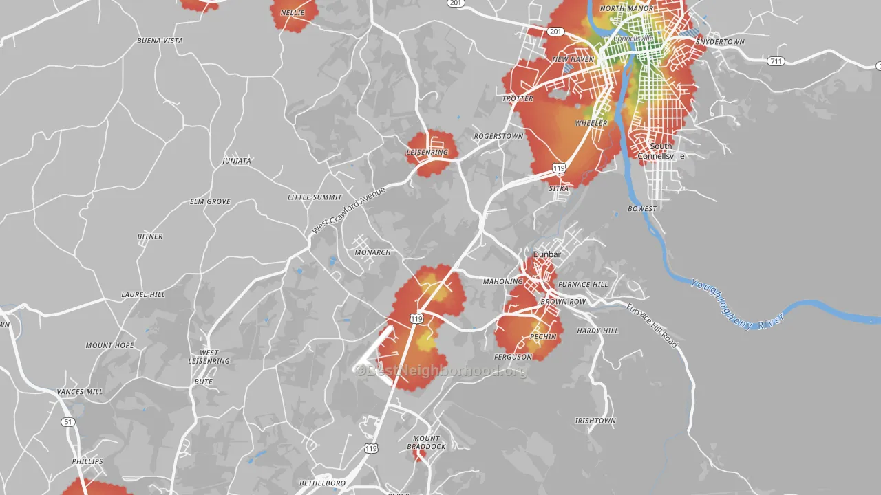 Walk Grade map of Dunbar, PA, walkable areas in green and car-dependent areas in red