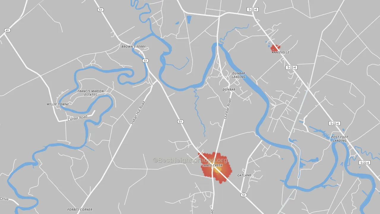Walk Grade map of Dunbar, SC, walkable areas in green and car-dependent areas in red