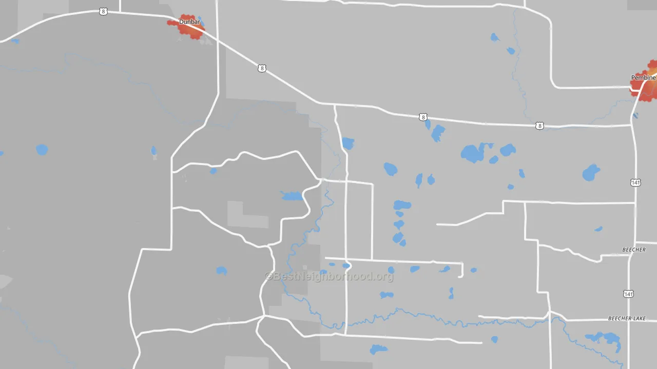 Walk Grade map of Dunbar, WI, walkable areas in green and car-dependent areas in red
