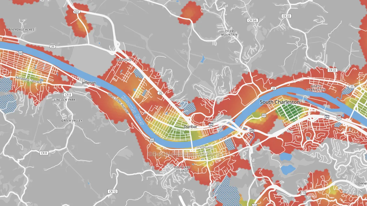 Walk Grade map of Dunbar, WV, walkable areas in green and car-dependent areas in red