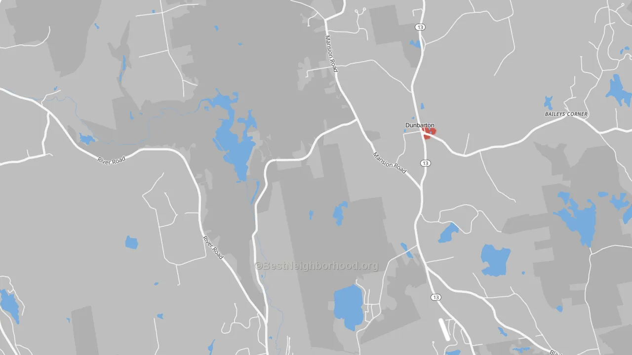 Walk Grade map of Dunbarton Center, NH, walkable areas in green and car-dependent areas in red