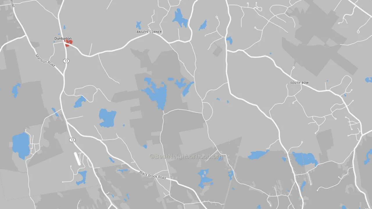 Walk Grade map of Dunbarton, NH, walkable areas in green and car-dependent areas in red