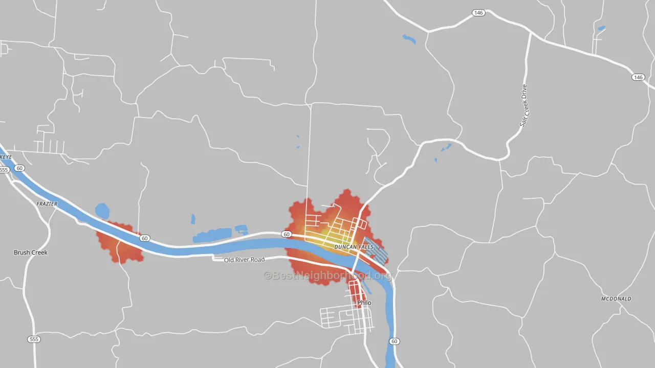 Walk Grade map of Duncan Falls, OH, walkable areas in green and car-dependent areas in red