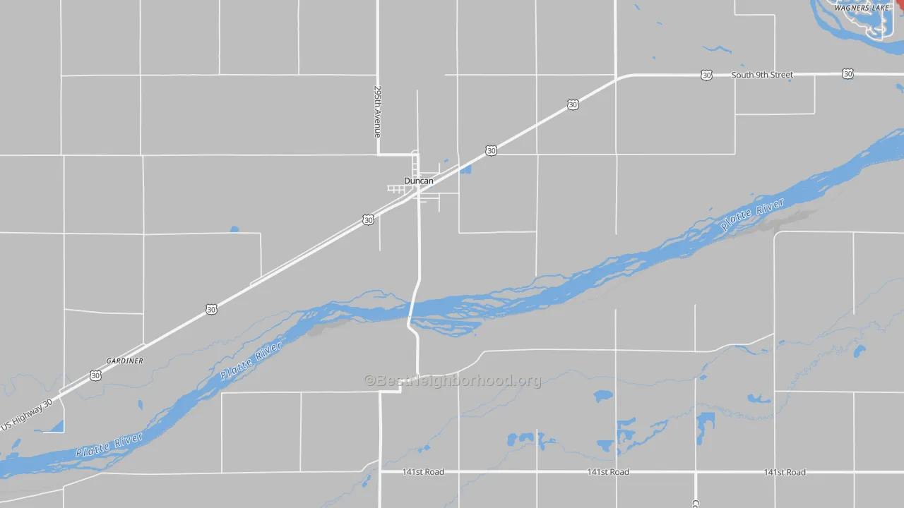 Walk Grade map of Duncan, NE, walkable areas in green and car-dependent areas in red