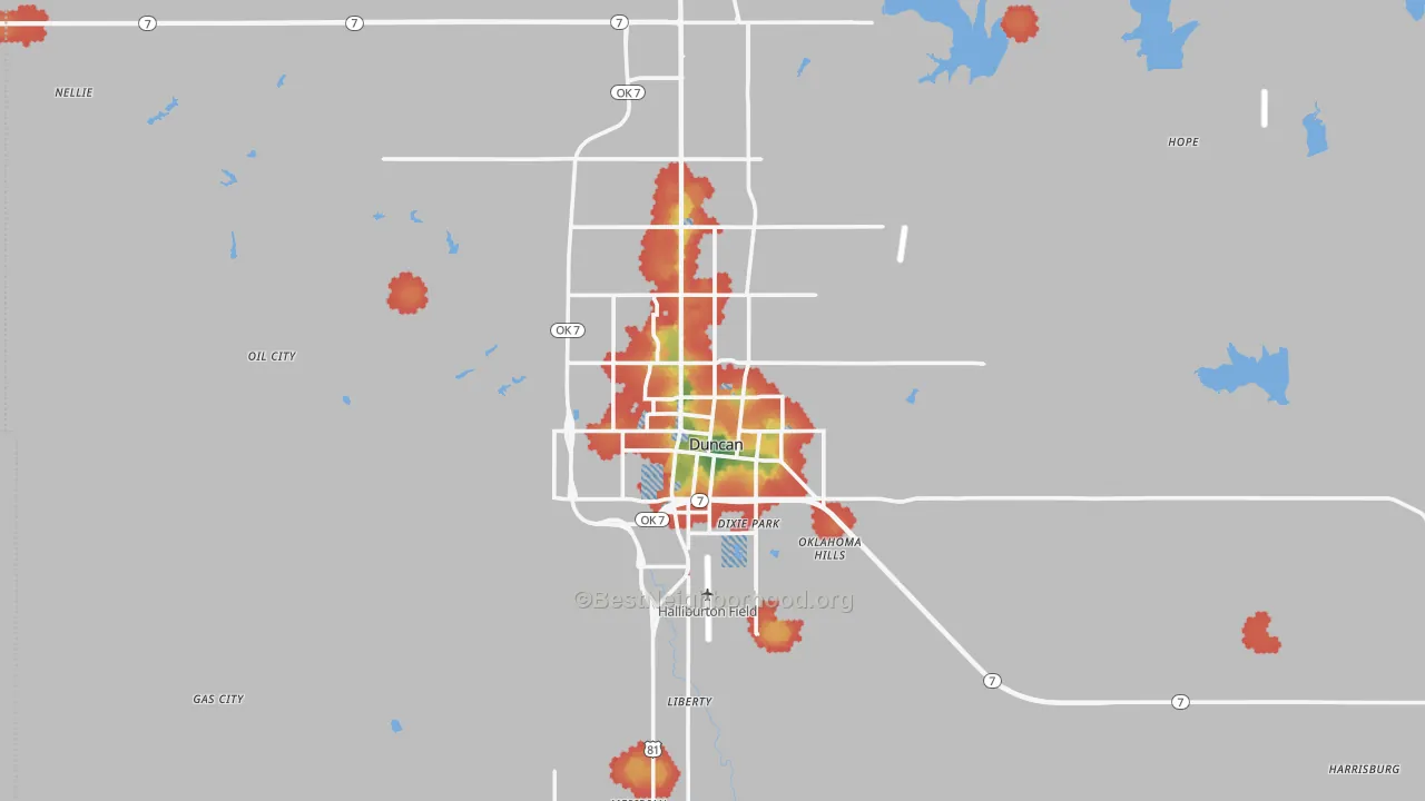 Walk Grade map of Duncan, OK, walkable areas in green and car-dependent areas in red