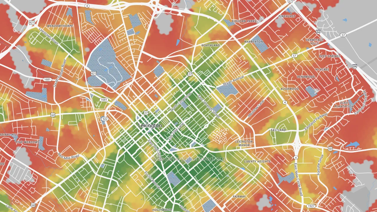 Walk Grade map of Duncan Park, Lexington, KY, walkable areas in green and car-dependent areas in red