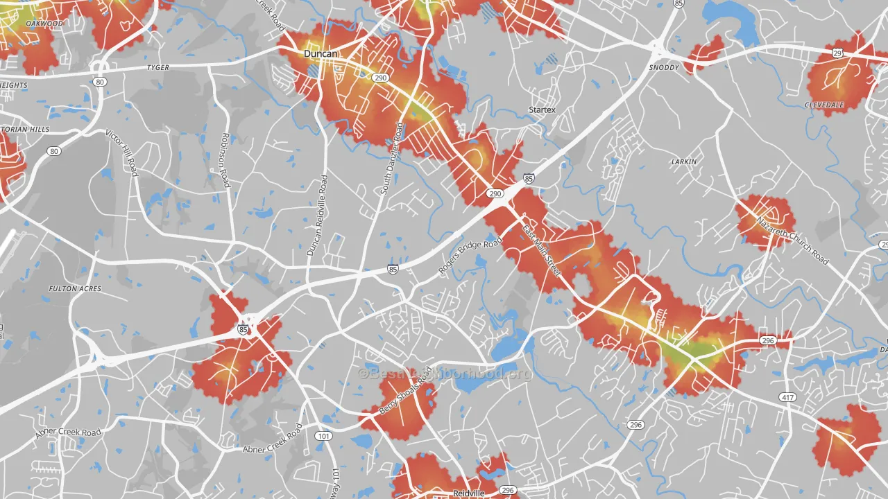 Walk Grade map of Duncan, SC, walkable areas in green and car-dependent areas in red