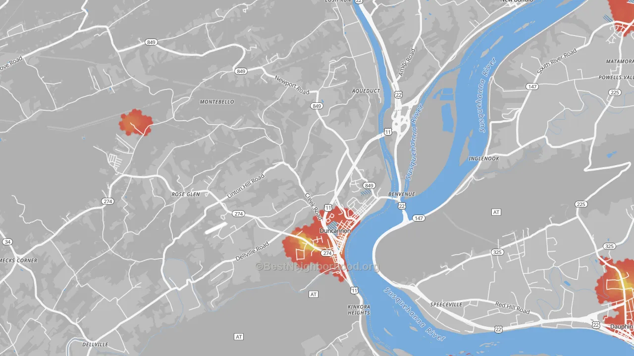 Walk Grade map of Duncannon, PA, walkable areas in green and car-dependent areas in red