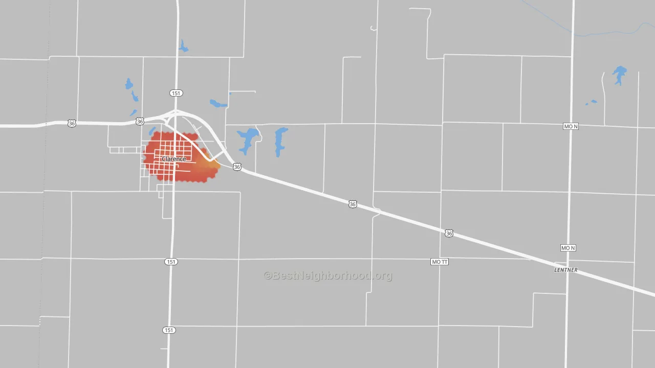 Walk Grade map of Duncans Bridge, MO, walkable areas in green and car-dependent areas in red