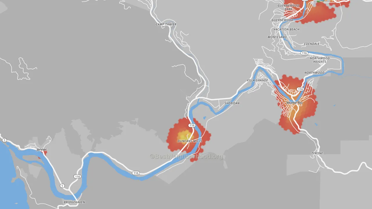 Walk Grade map of Duncans Mills, CA, walkable areas in green and car-dependent areas in red