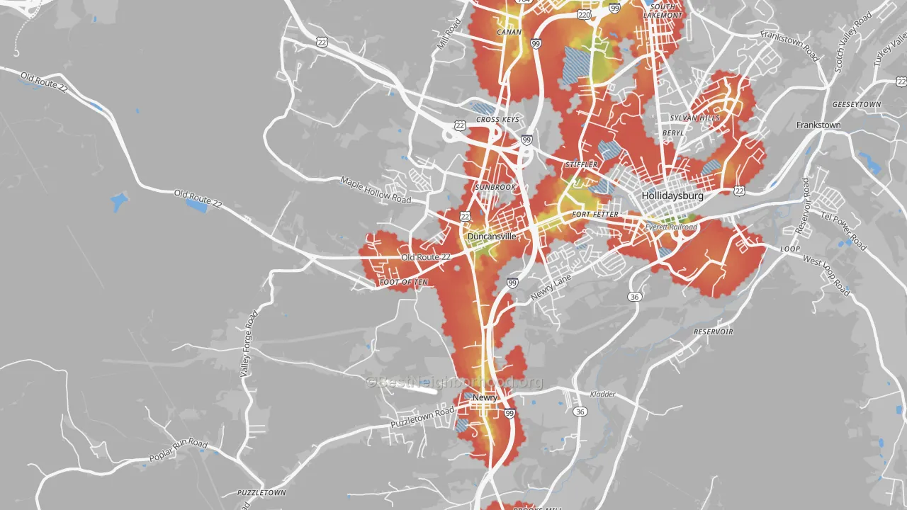 Walk Grade map of Duncansville, PA, walkable areas in green and car-dependent areas in red