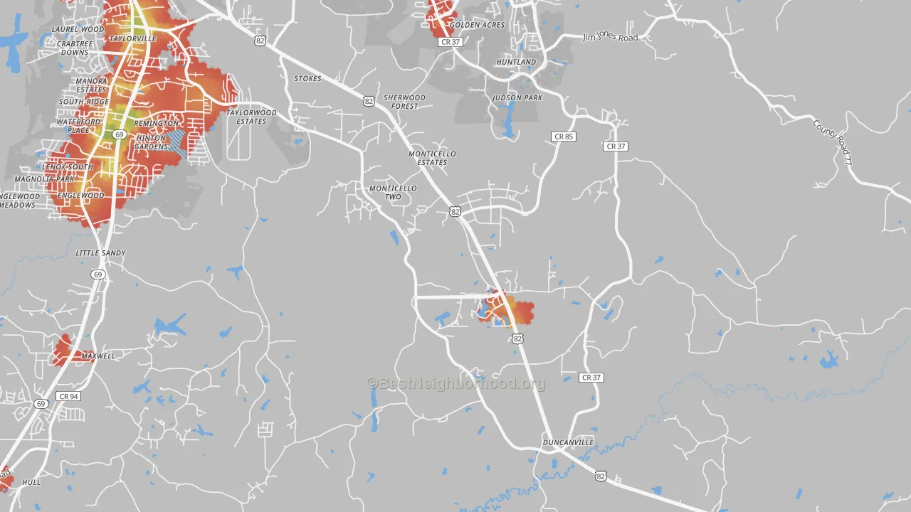 Walk Grade map of Duncanville, AL, walkable areas in green and car-dependent areas in red